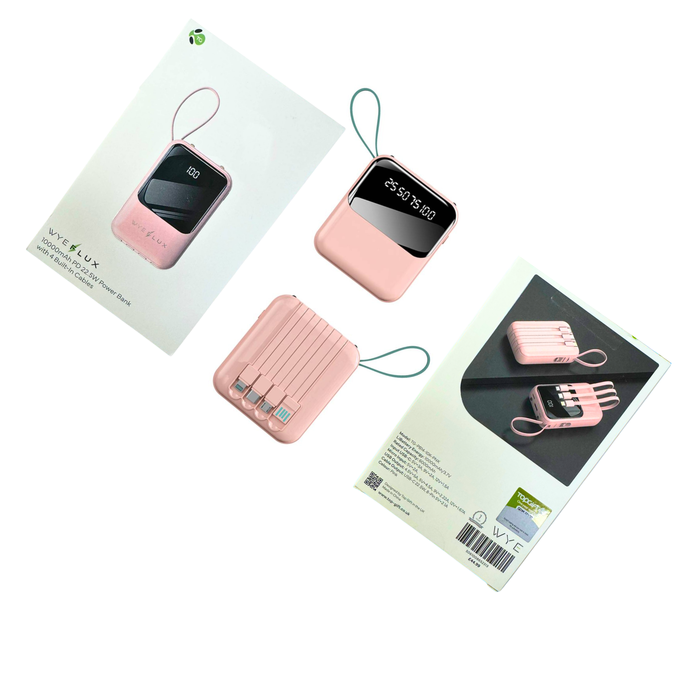 Pink 10000mAh PD 22.5W Power Bank with 4 Built-In Cables