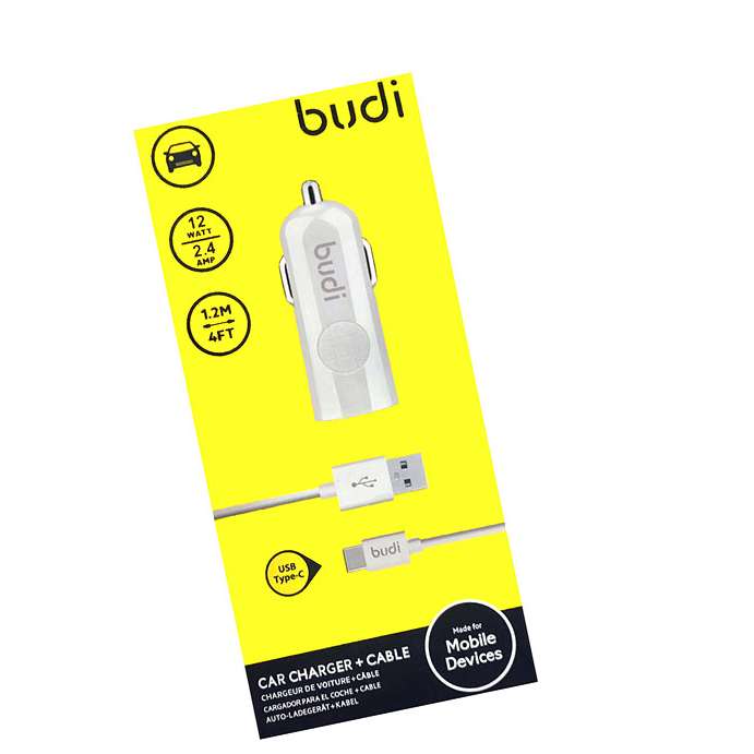 BUDI 2 USB DUAL PORT 2.4A FAST CAR CHARGER USB PLUG WITH TYPE C CABLE