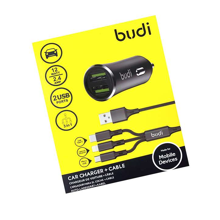 BUDI 2 USB DUAL PORT 2.4A FAST CAR CHARGER USB PLUG WITH 3IN1 CABLE